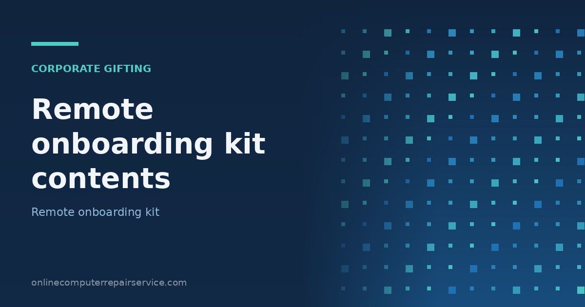 Remote onboarding kit laid out flat with a laptop, headset, power adapters, cables and a printed first-steps card