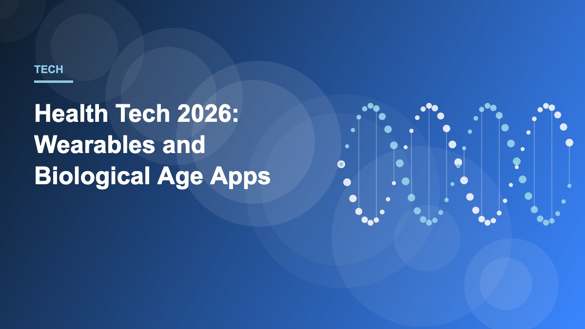 Smartwatch and smartphone displaying health metrics next to a digital DNA helix representing longevity health tech