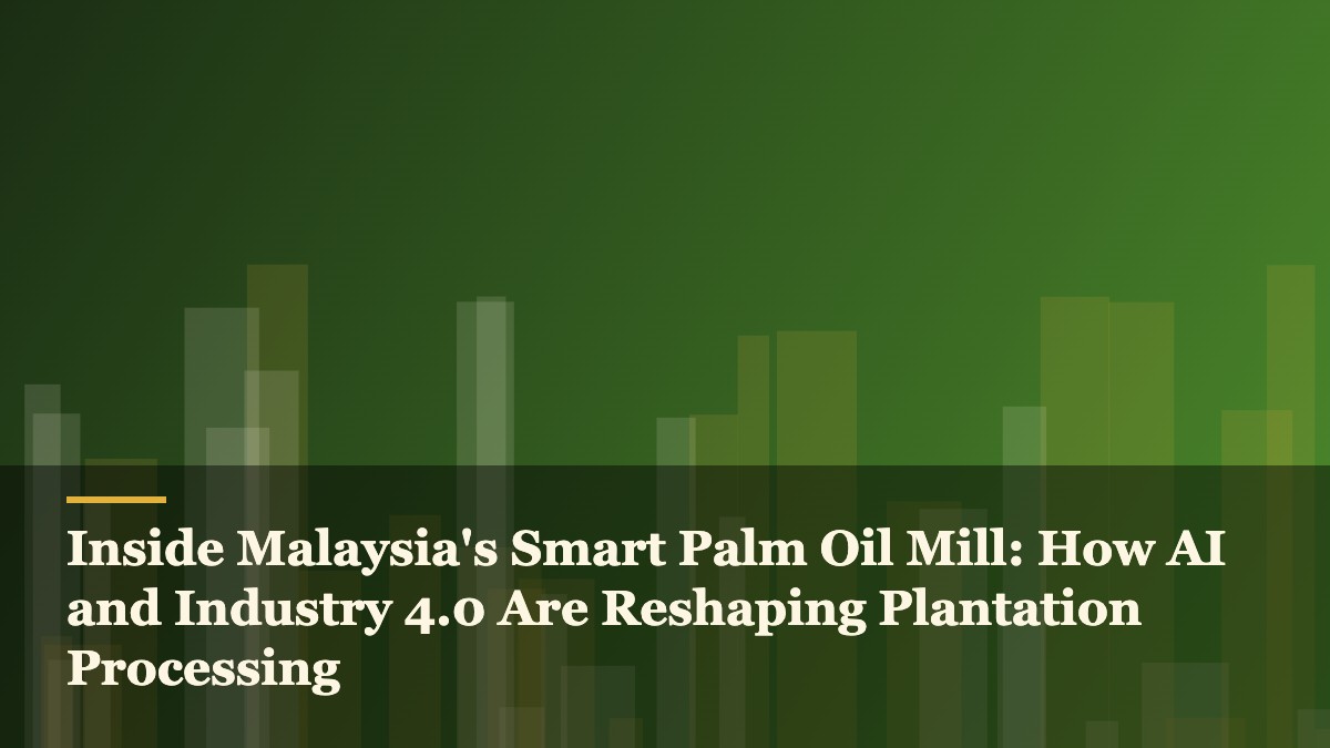 Illustration of an automated smart palm oil mill with sensors and data dashboards, representing the MPOB and Fusionex AI mill in Keratong, Pahang